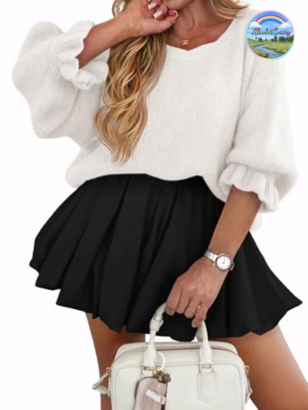 Oversized Fuzzy Knit Ruffle Puff Sleeve Crewneck Sweater